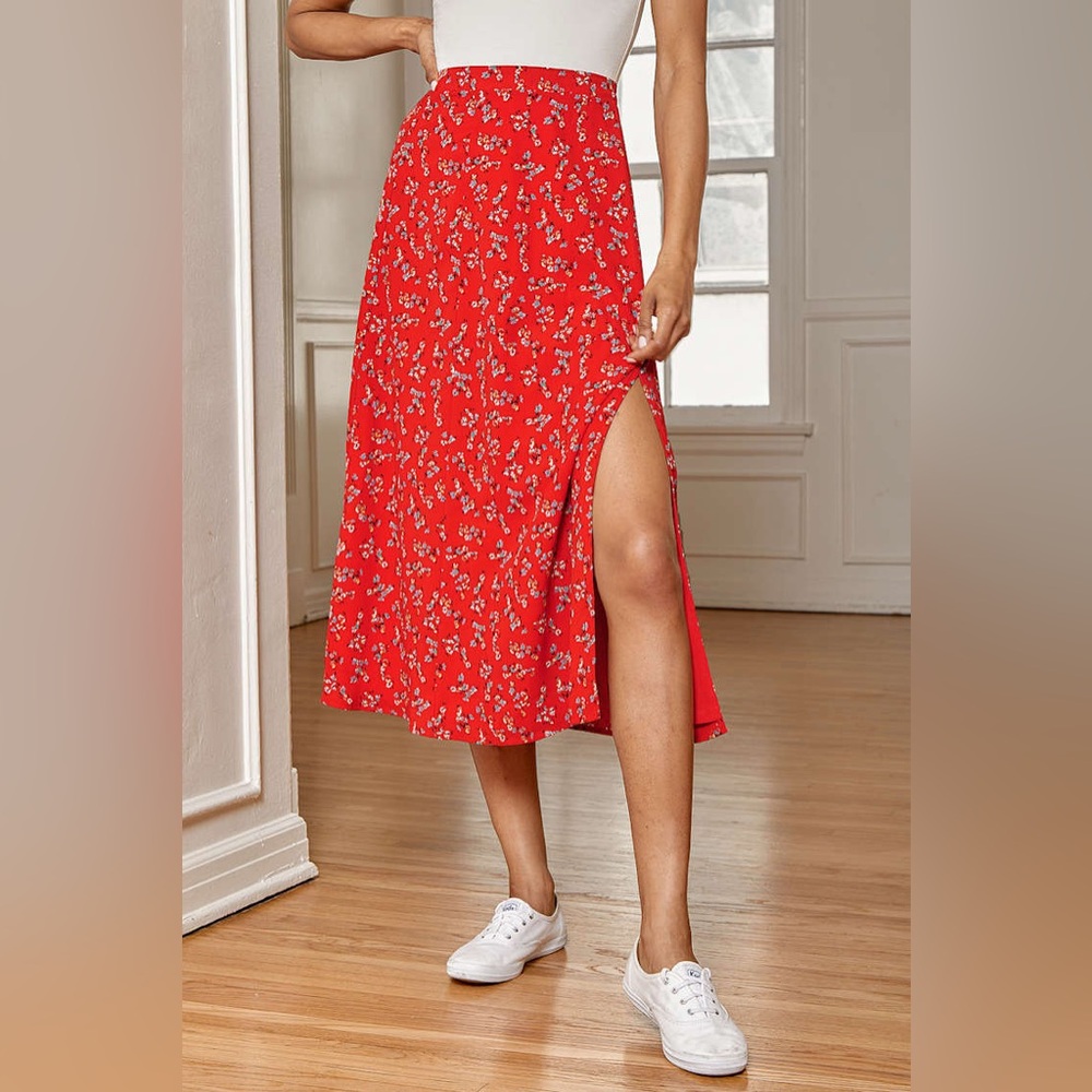Lulu's Bliss Me Red Floral Print Midi Skirt